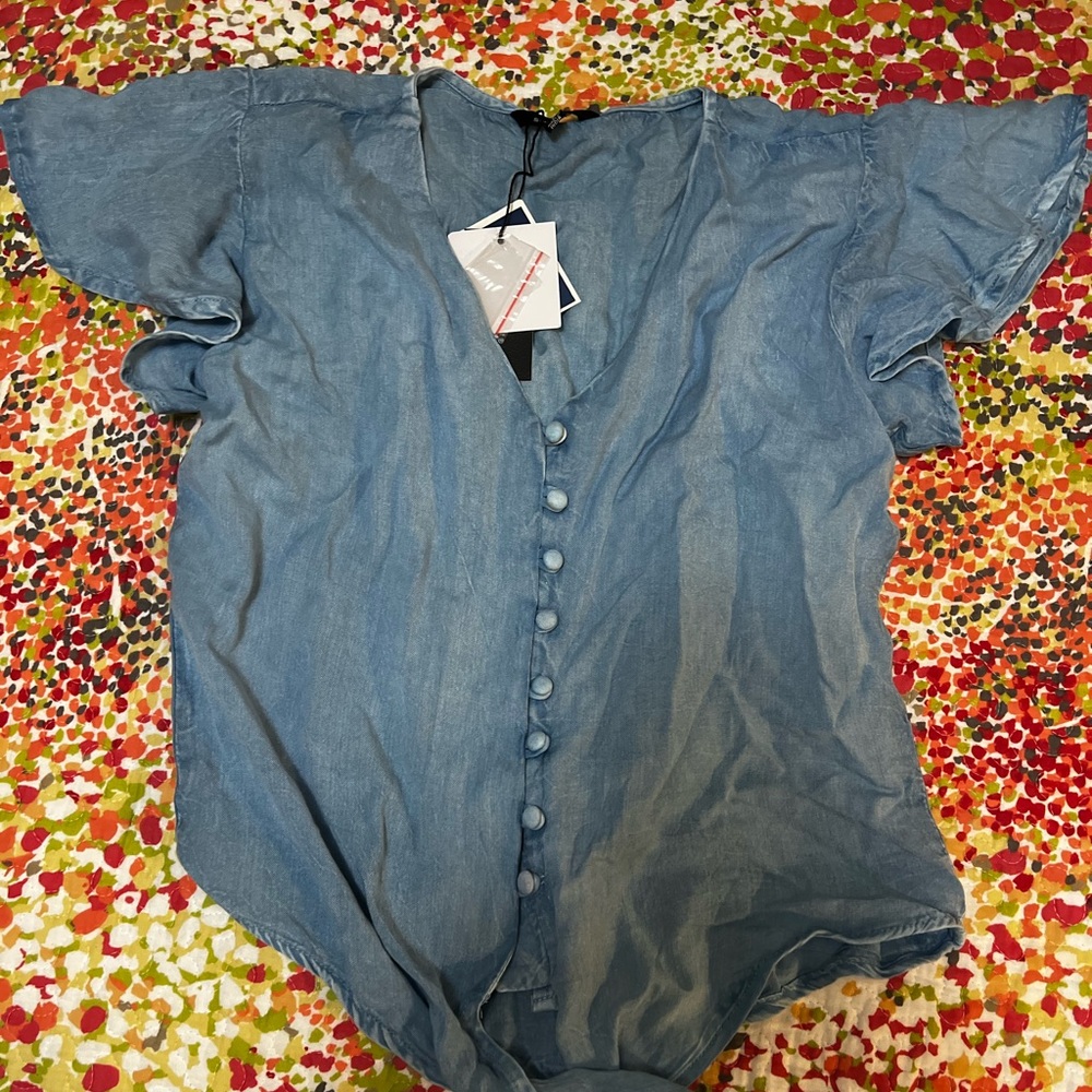 Blue denim tied blouse